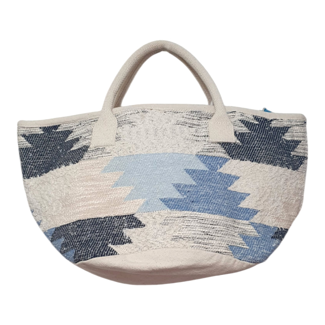 Boho Tote Bag with Blue Tribal Print  Large Woven Handbag for Women, Stylish Bohemian Shoulder Bag