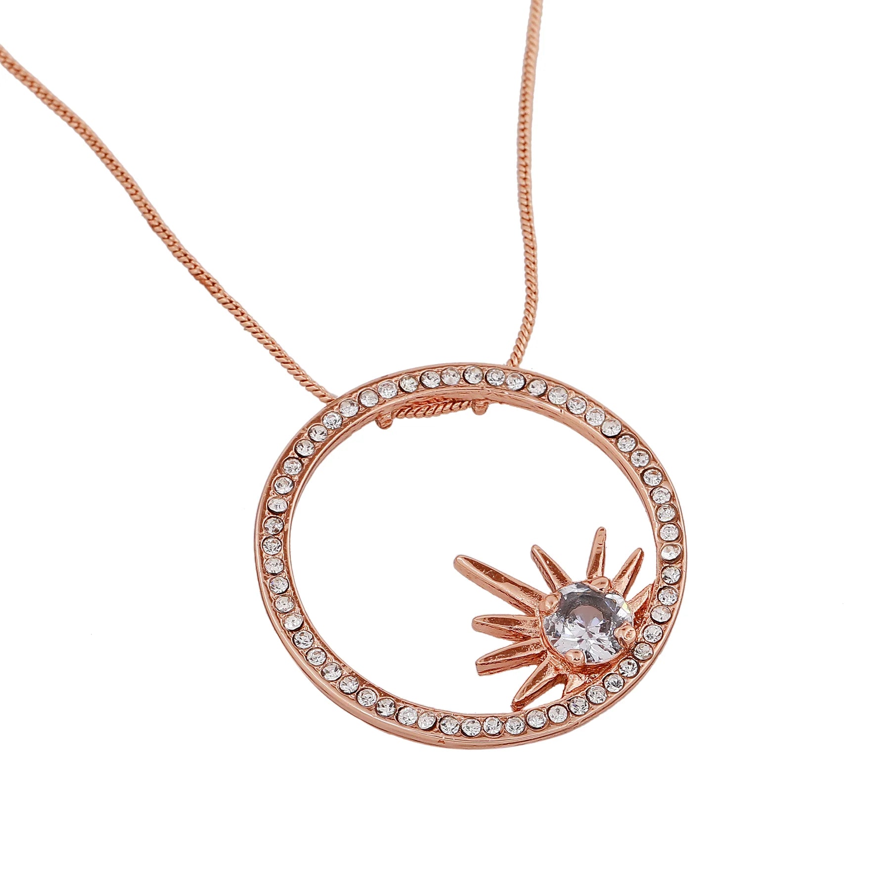 Rose Gold plated Sunburst Crystal Pendant Necklace
