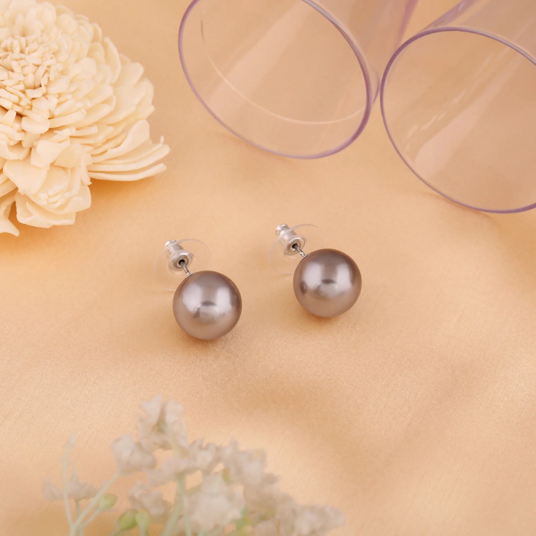 Rhodium Plated Shimmering Pearl Stud Earrings - Gun Metal