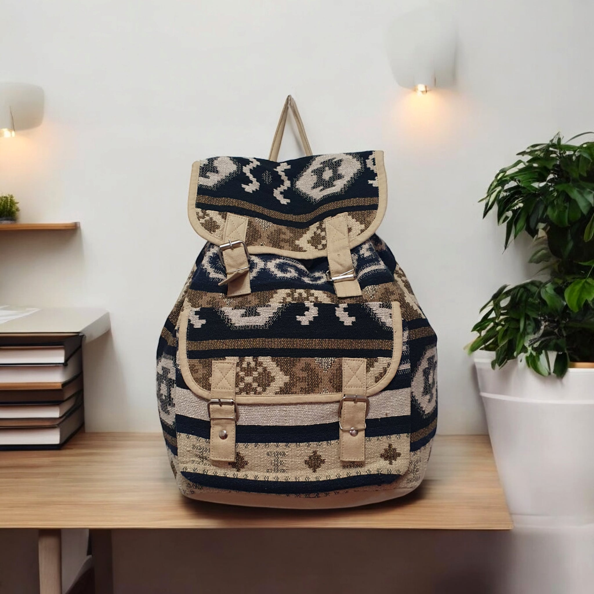 Boho Tribal Canvas Backpack  Ethnic Print Rucksack with Buckle Straps for Travel, School & Daily Use