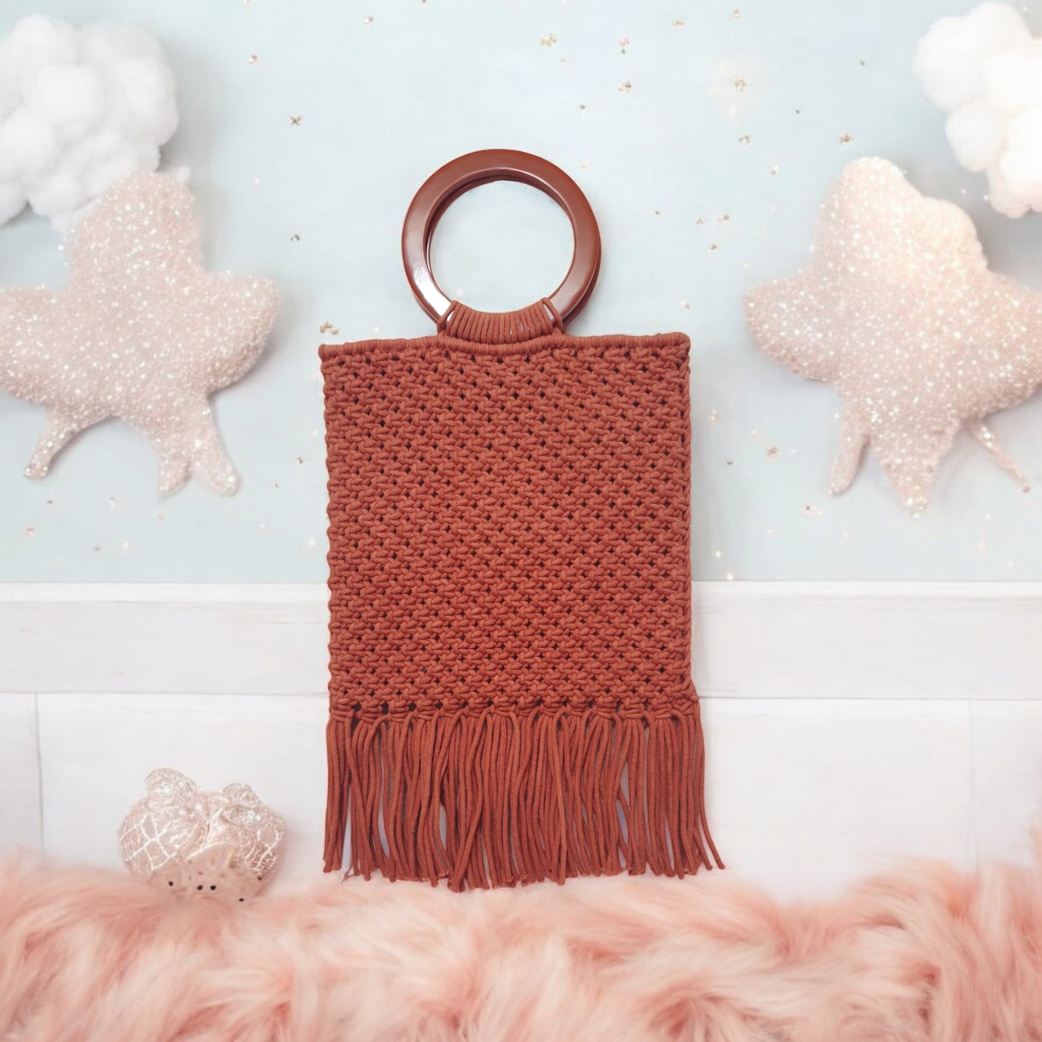 Rust Handmade Crochet Tote Bag with Wooden Ring Handles and Fringe 