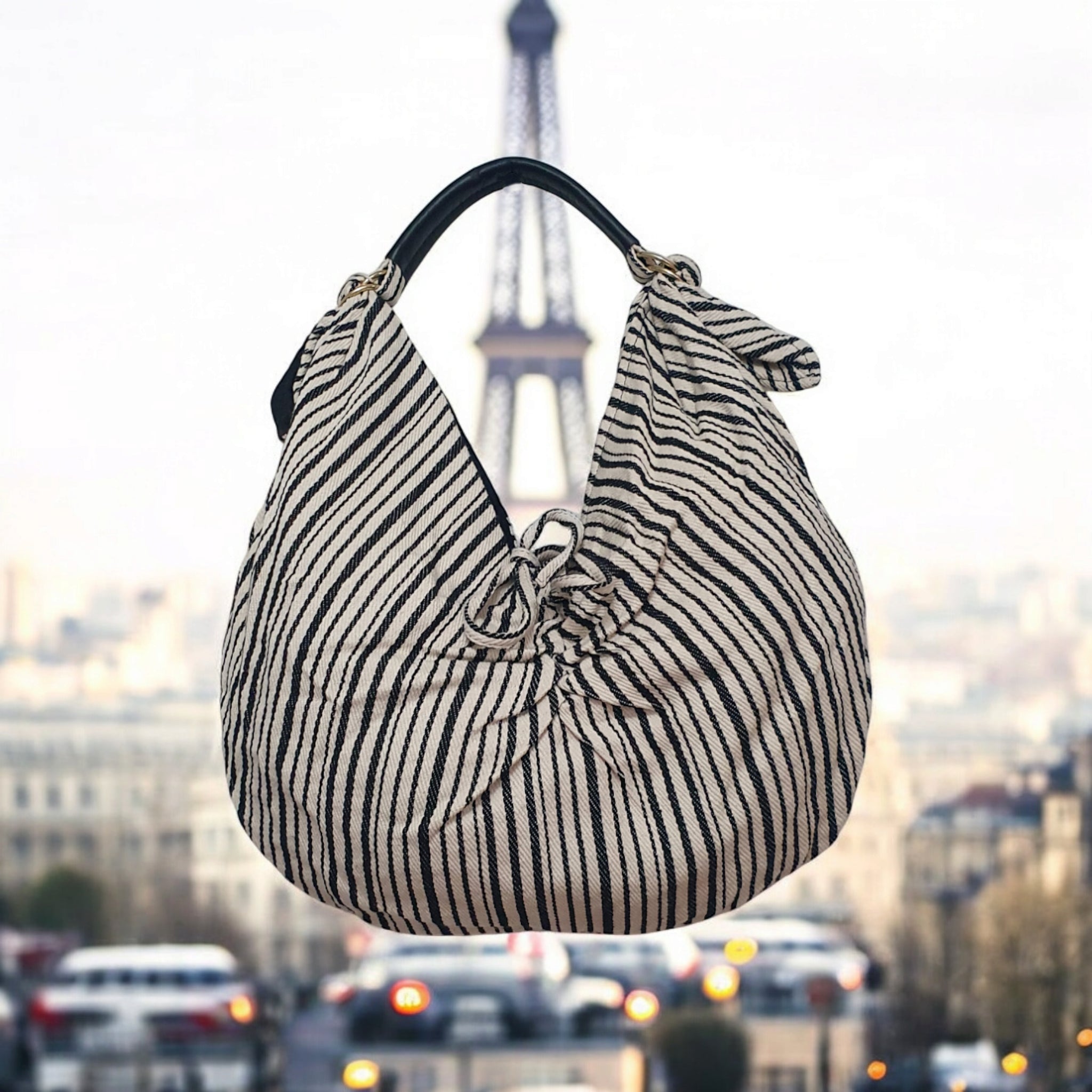 Striped Boho Hobo Shoulder Bag with Faux Leather Handle