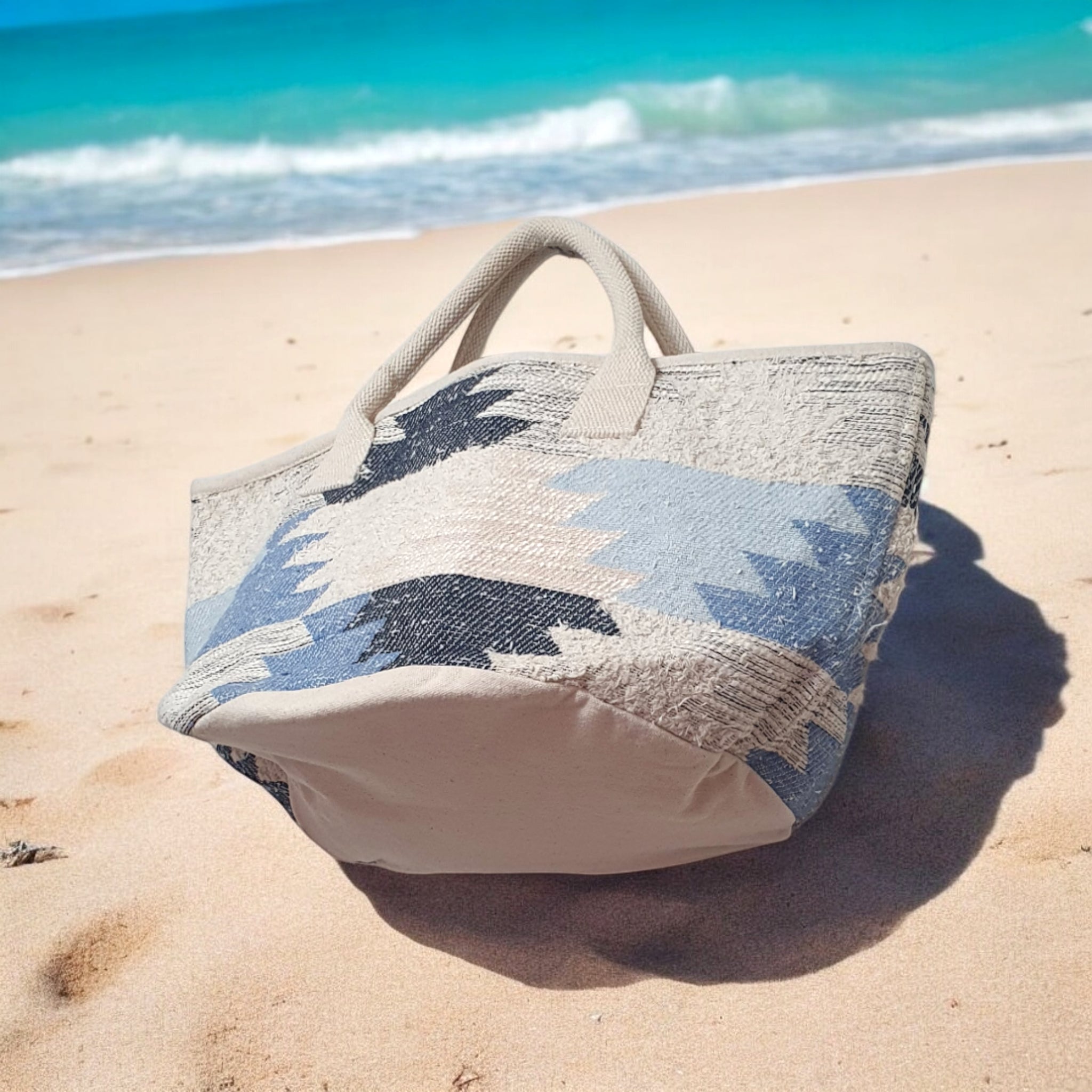 Boho Tote Bag with Blue Tribal Print  Large Woven Handbag for Women, Stylish Bohemian Shoulder Bag