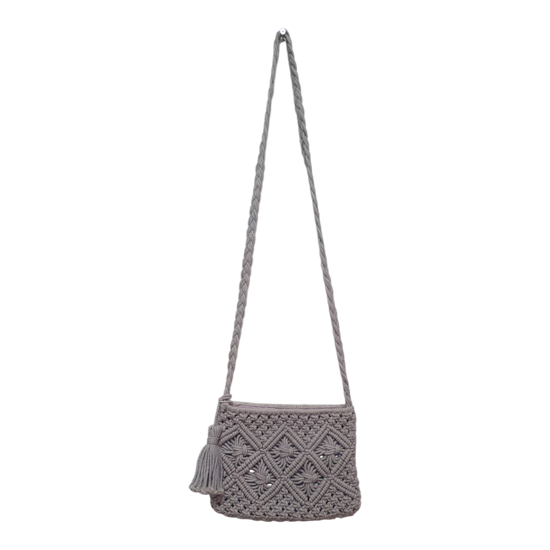 Handcrafted Macrame Crossbody Bag with Tassel - Light Grey