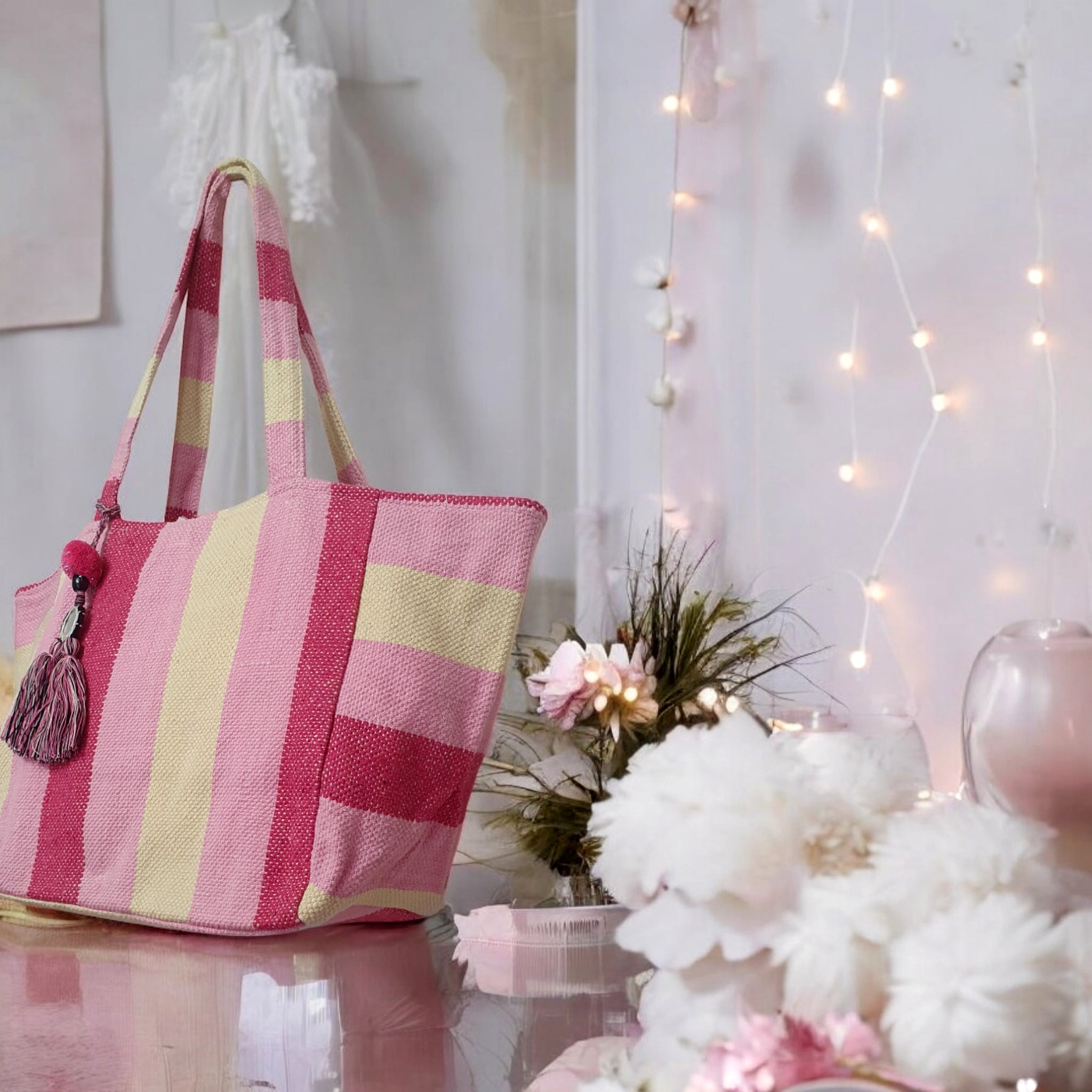 Handloom Dhurrie Striped Tote Bag with Mirror Tassel Charm