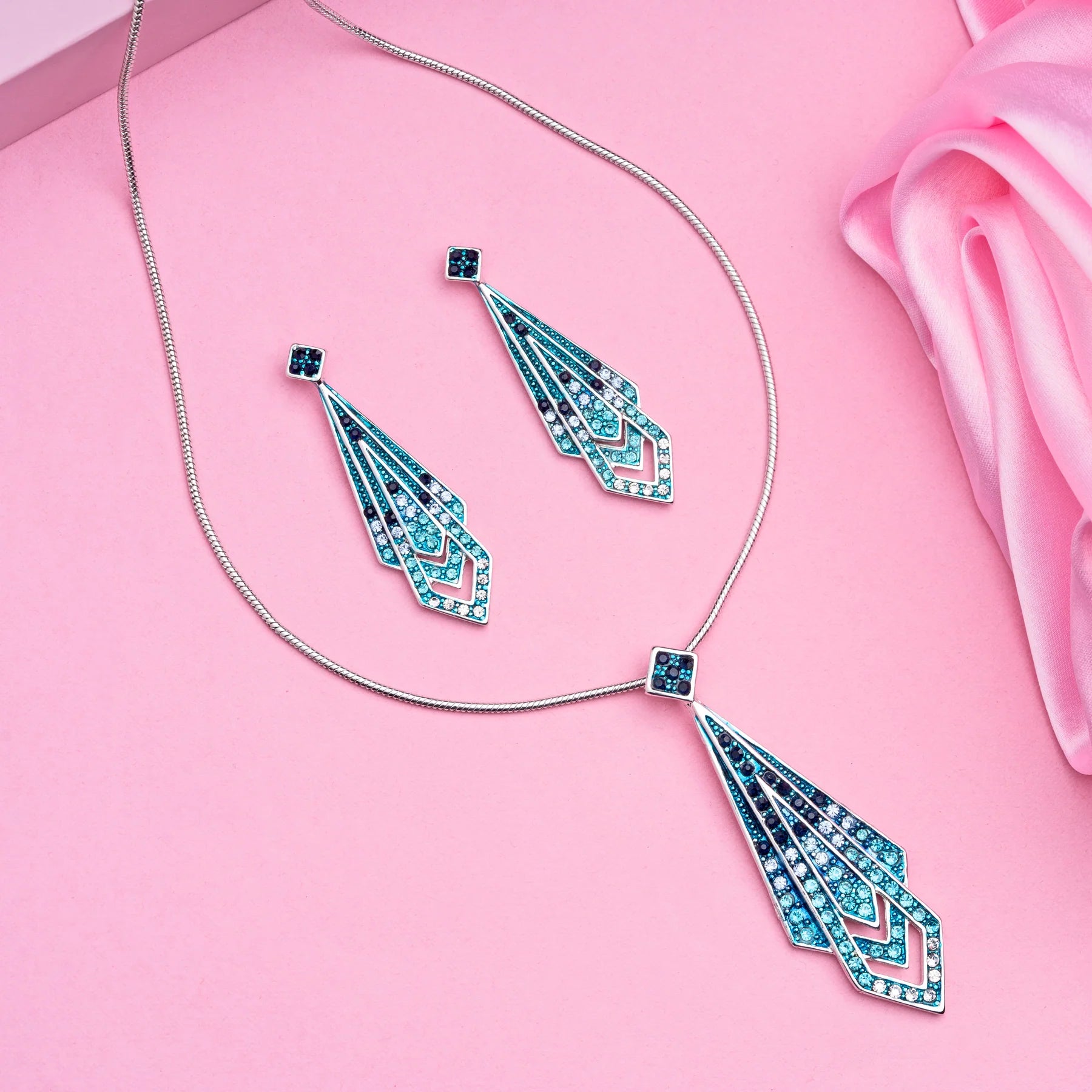 Rhodium Plated Blue Art Deco Necklace and Earrings Set 