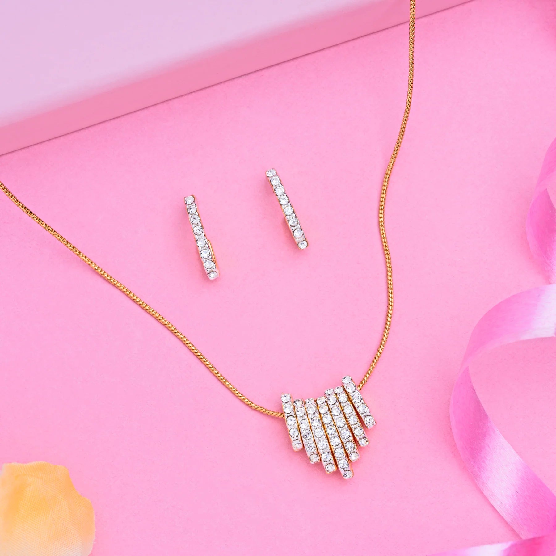 Gold-plated chain with American diamond rondelle pendant necklace with AD earrings 