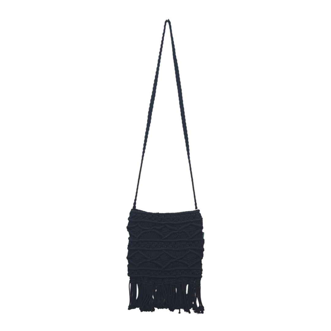 Handmade Black Macrame Sling Bag with Boho Fringe 