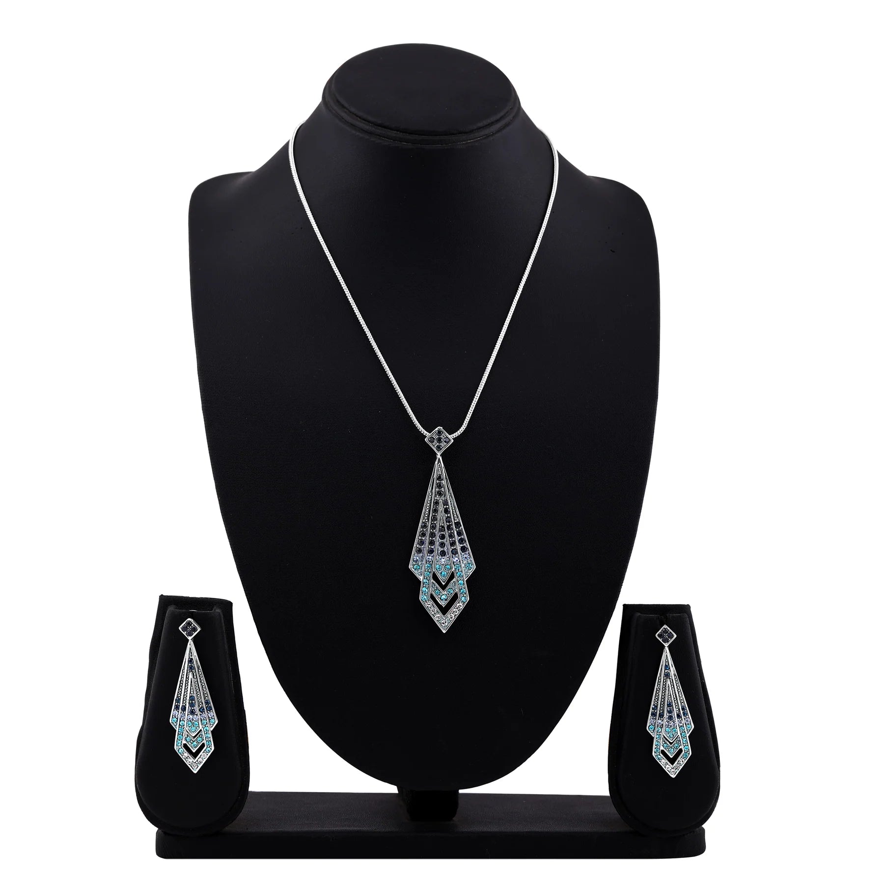 Rhodium Plated Blue Art Deco Necklace and Earrings Set 