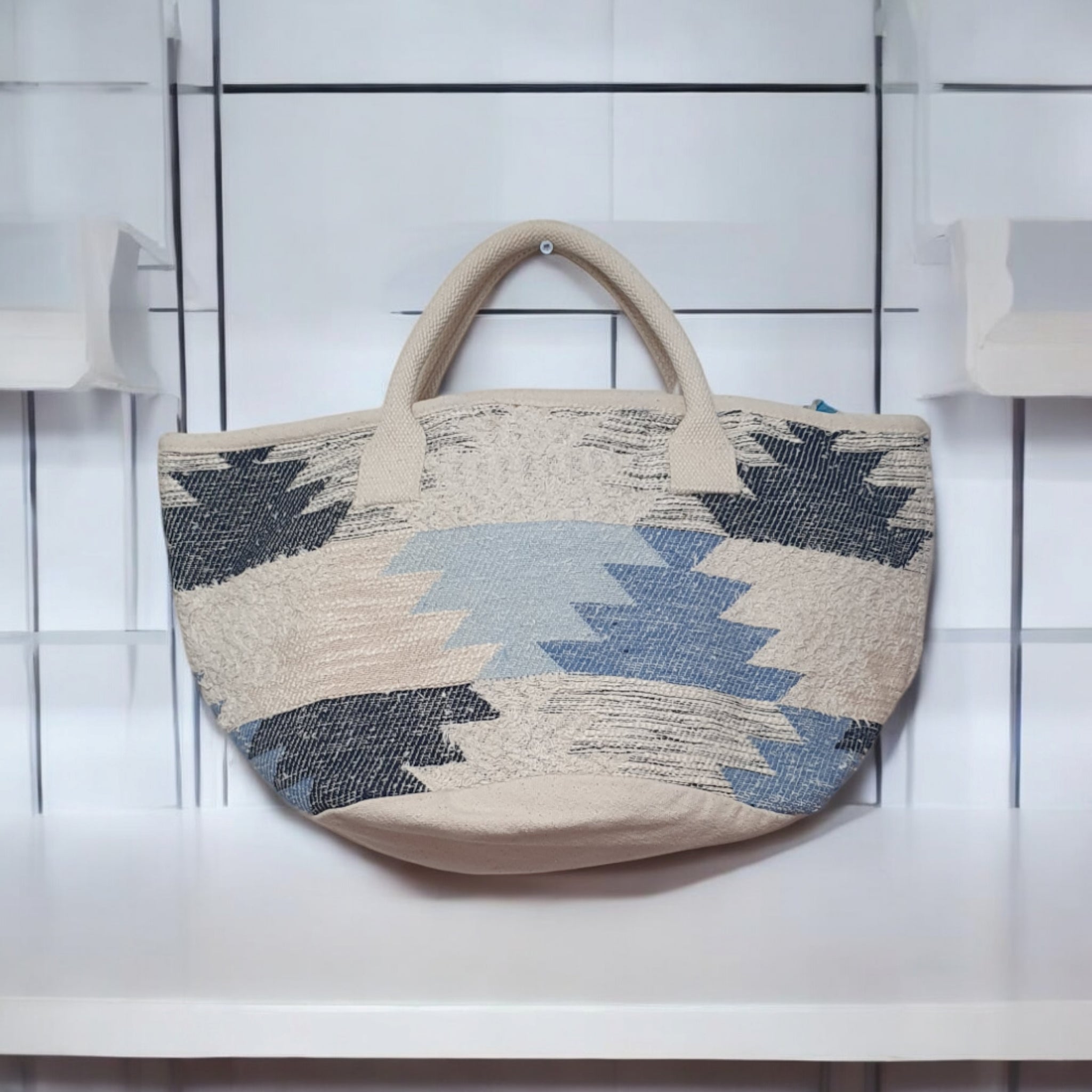 Boho Tote Bag with Blue Tribal Print  Large Woven Handbag for Women, Stylish Bohemian Shoulder Bag