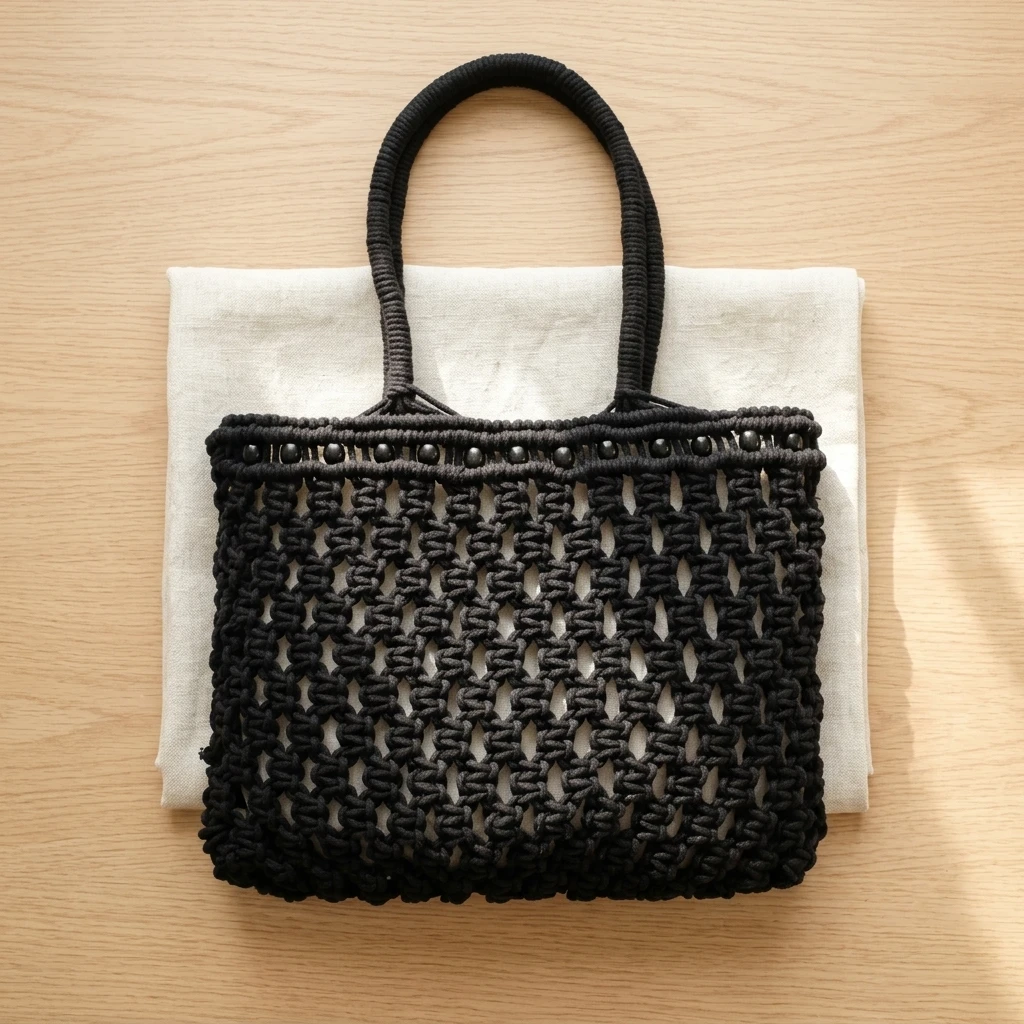 Black Macrame Tote Bag