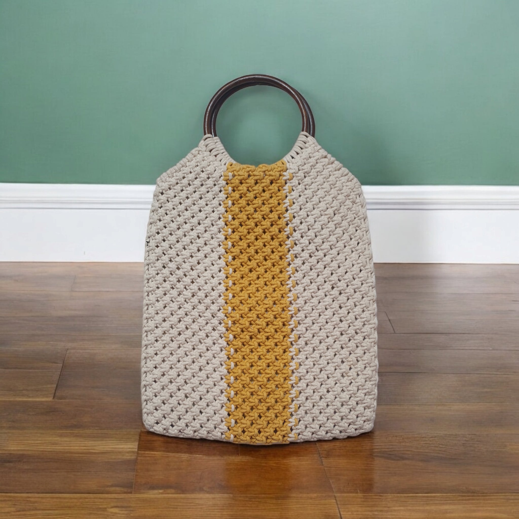 Handmade Crochet Tote Bag with Wooden Ring Handles 