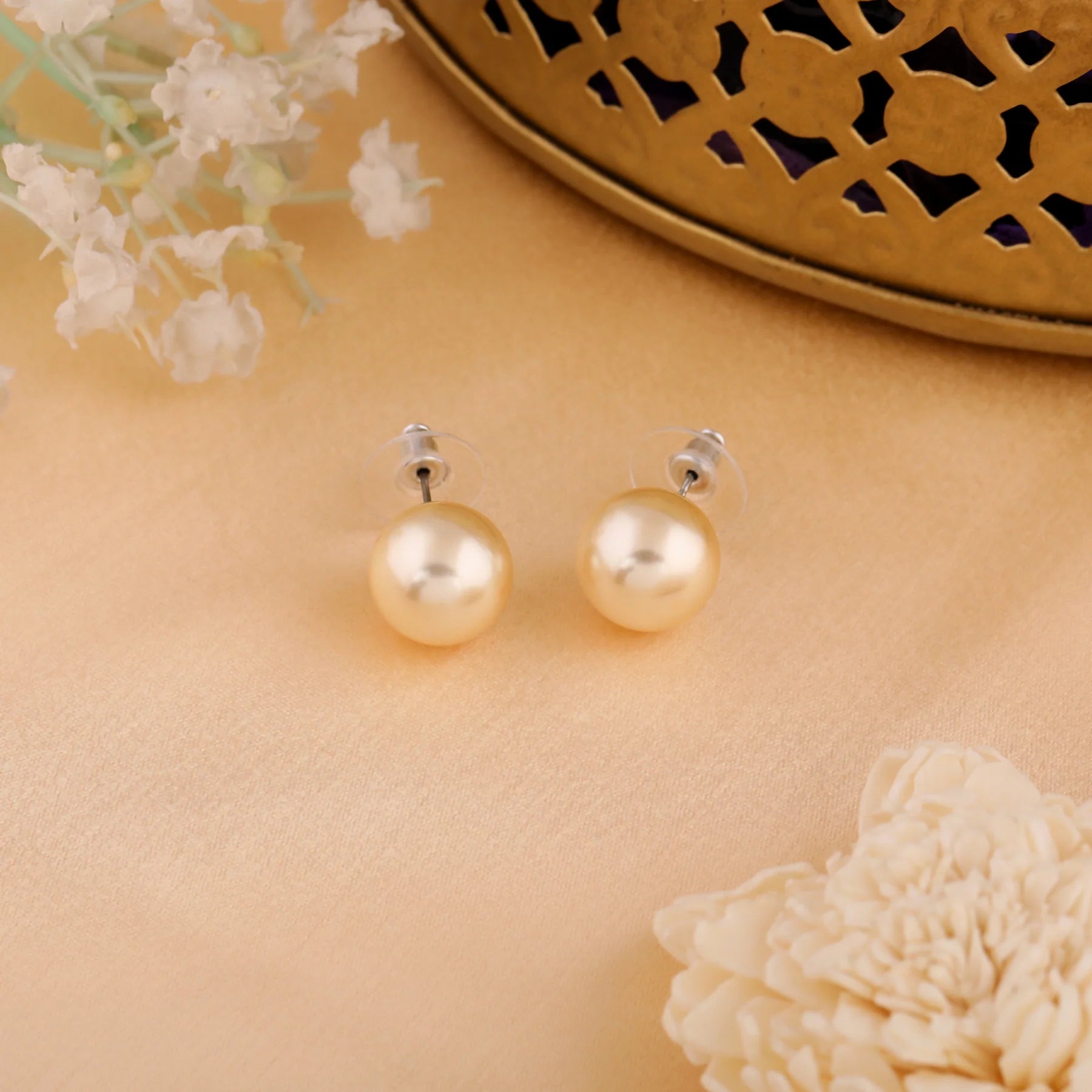 Rhodium Plated Shimmering Pearl Stud Earrings - Light Gold