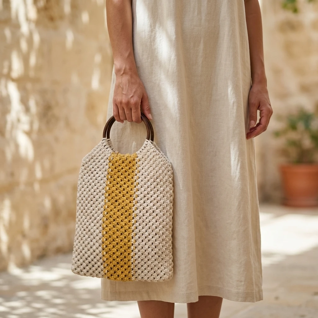 Woven Tote Bag With Wooden Handle 