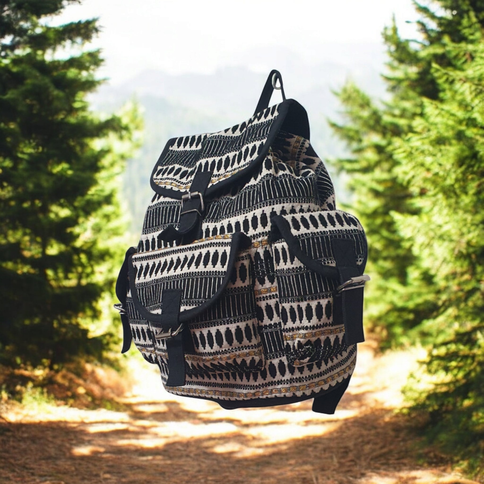 Bohemian Canvas Backpack with Tribal Print and Buckle Details