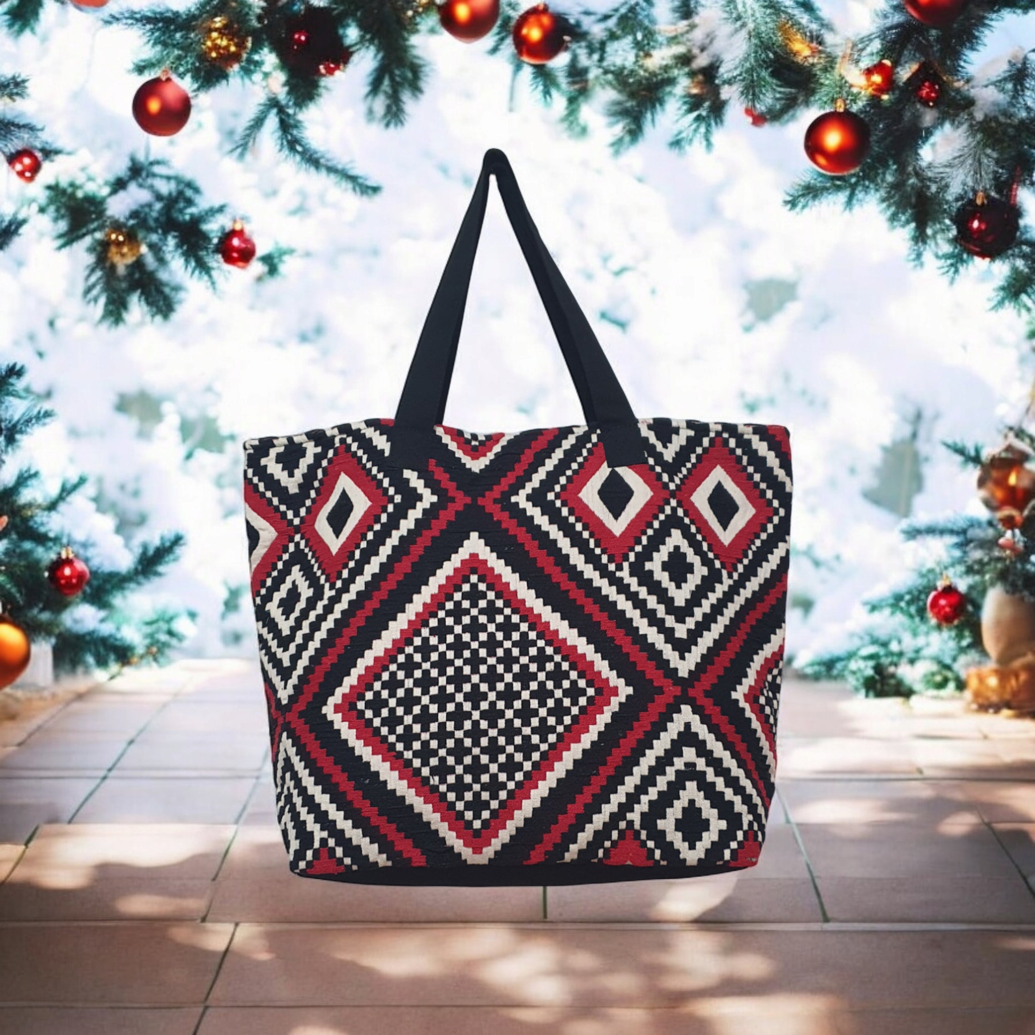 Geometric Tribal Print Canvas Tote Bag  Large Boho Shoulder Bag for Shopping, Beach & Travel