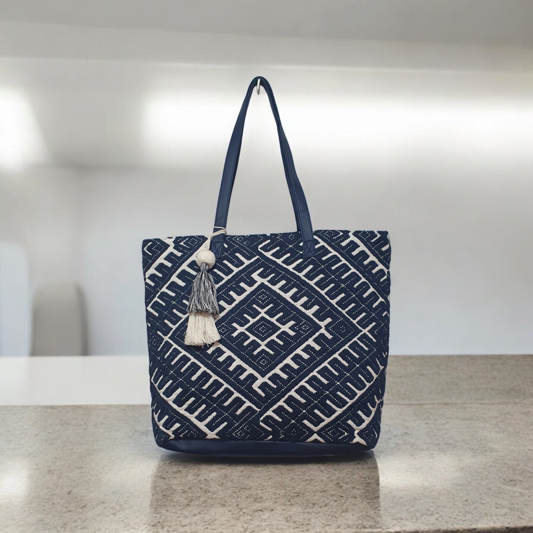Boho Chic Canvas Tote Bag with Geometric Print and Tassel Charm