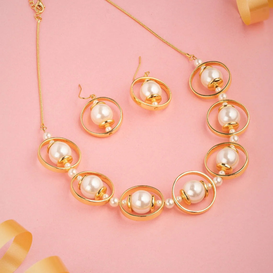 Gold Pearl Necklace & Earring Set