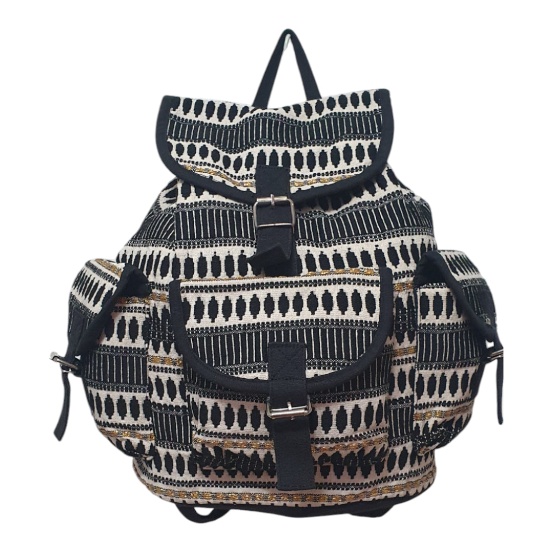 Bohemian Canvas Backpack with Tribal Print and Buckle Details
