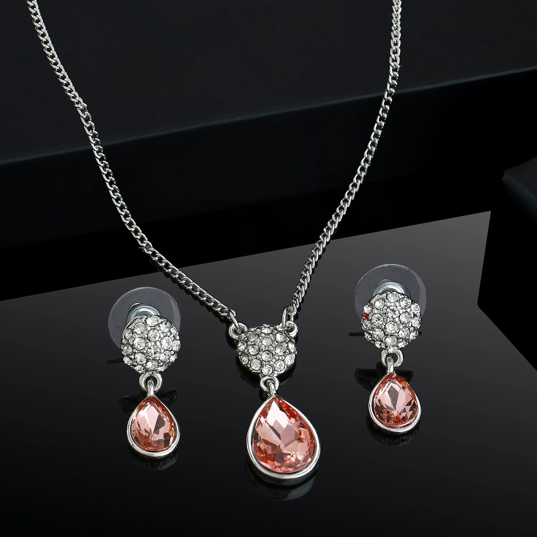 Rhodium Plated Champagne drop pendant set