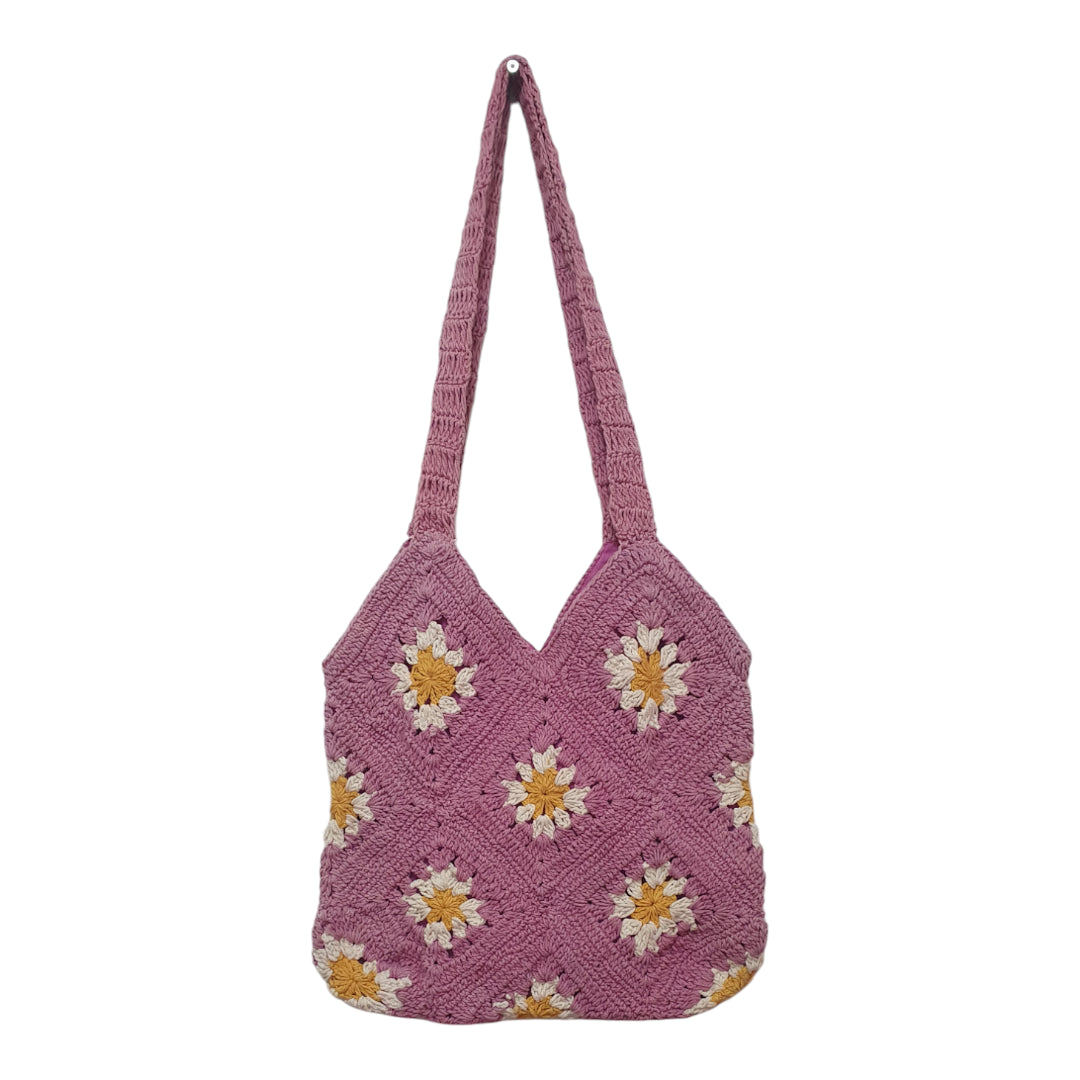 Handmade Pink Crochet Tote Bag with Floral Granny Squares - Boho Shoulder Bag for Women