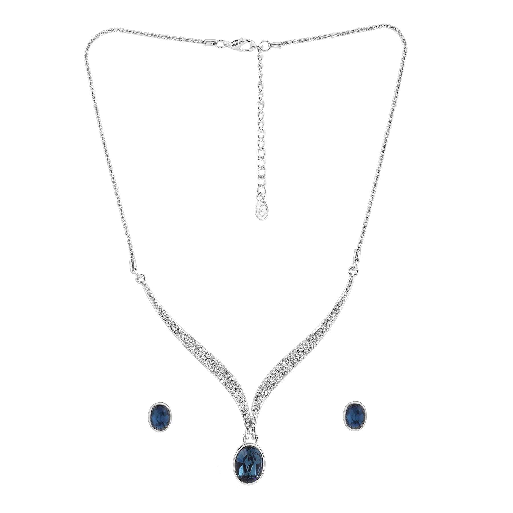 Rhodium-Plated Blue Gemstone Zirconia Necklace & Earrings Set