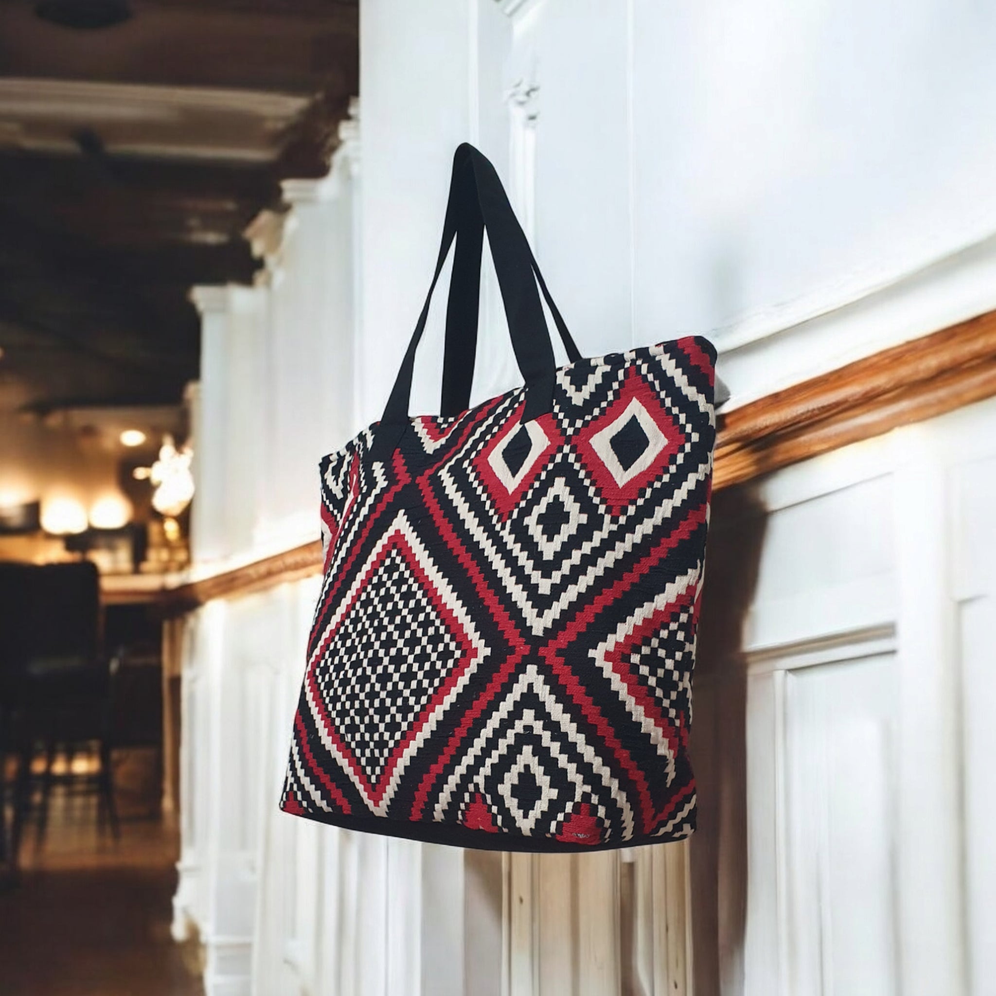 Geometric Tribal Print Canvas Tote Bag  Large Boho Shoulder Bag for Shopping, Beach & Travel