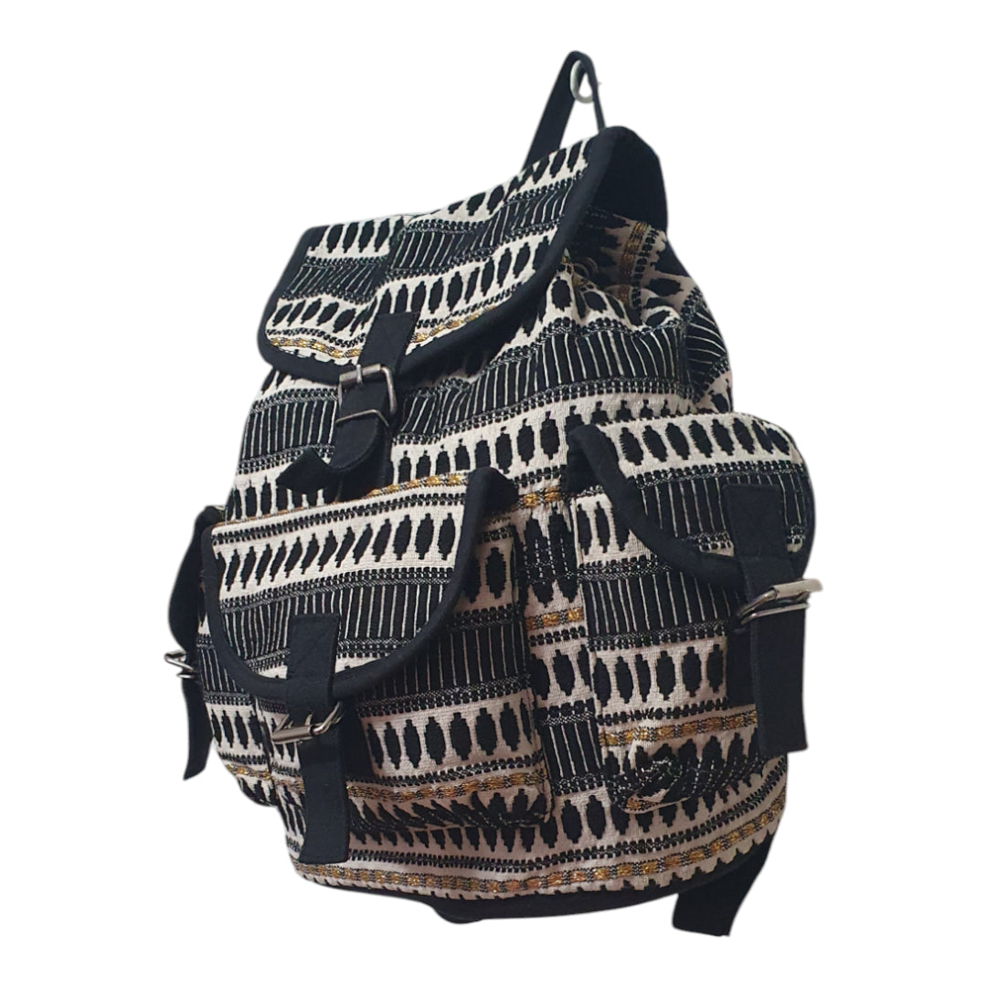 Bohemian Canvas Backpack with Tribal Print and Buckle Details