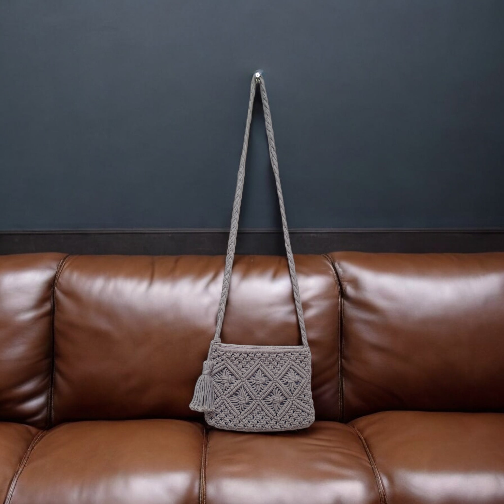 Handcrafted Macrame Crossbody Bag with Tassel - Light Grey