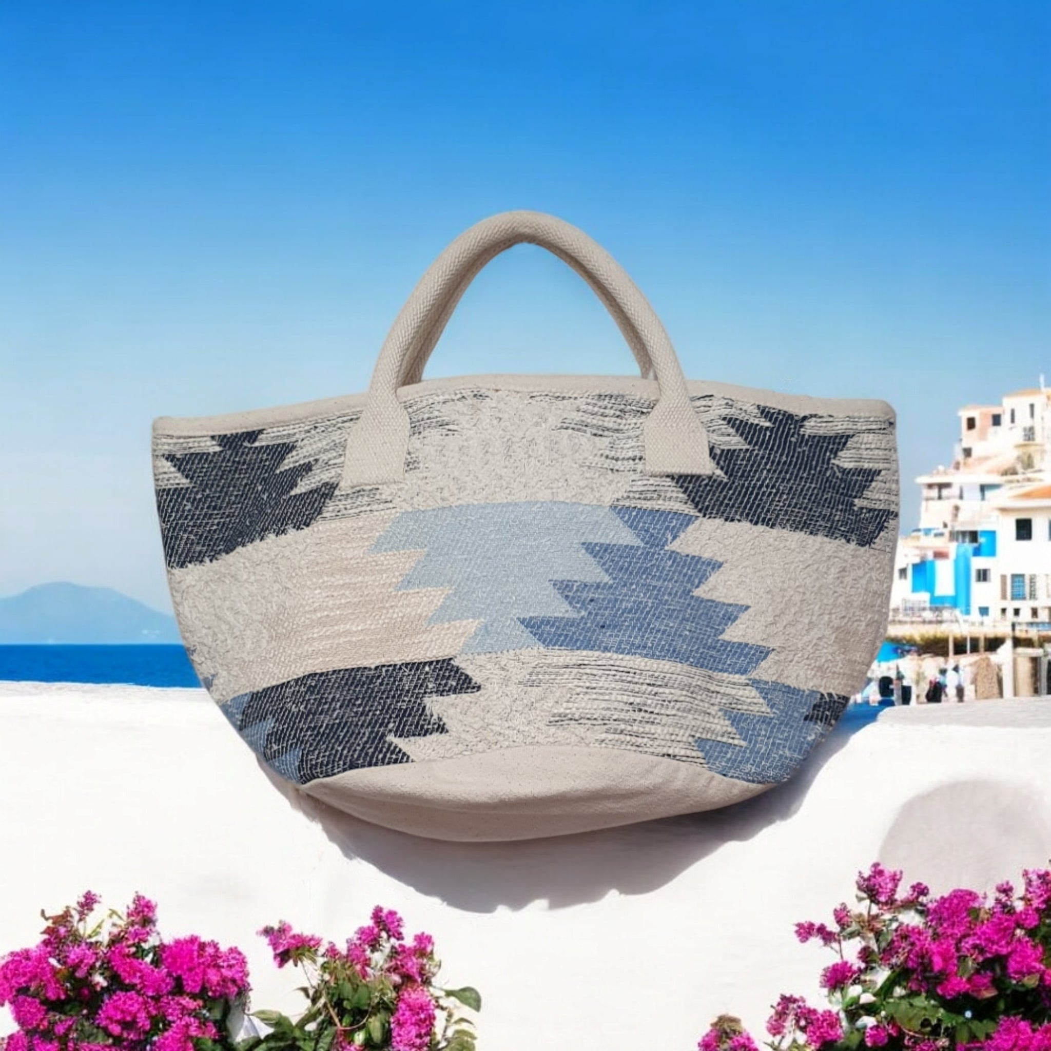Boho Tote Bag with Blue Tribal Print  Large Woven Handbag for Women, Stylish Bohemian Shoulder Bag