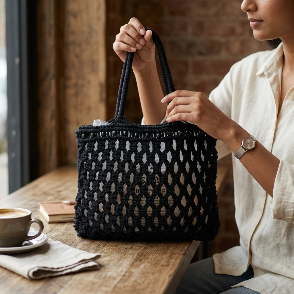 Black Macrame Tote Bag