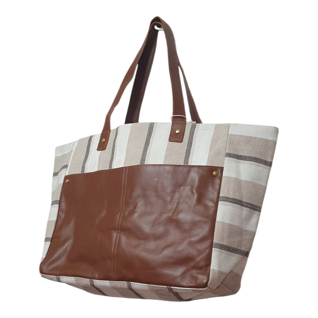 Striped Canvas Tote Bag with Faux Leather Pocket