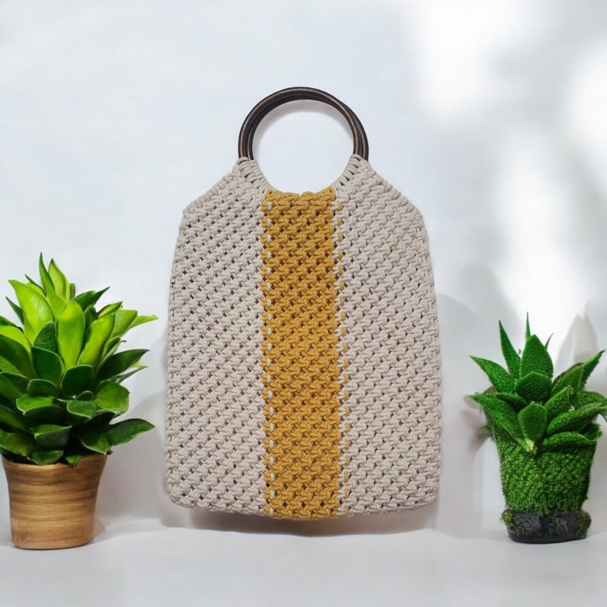 Handmade Crochet Tote Bag with Wooden Ring Handles 