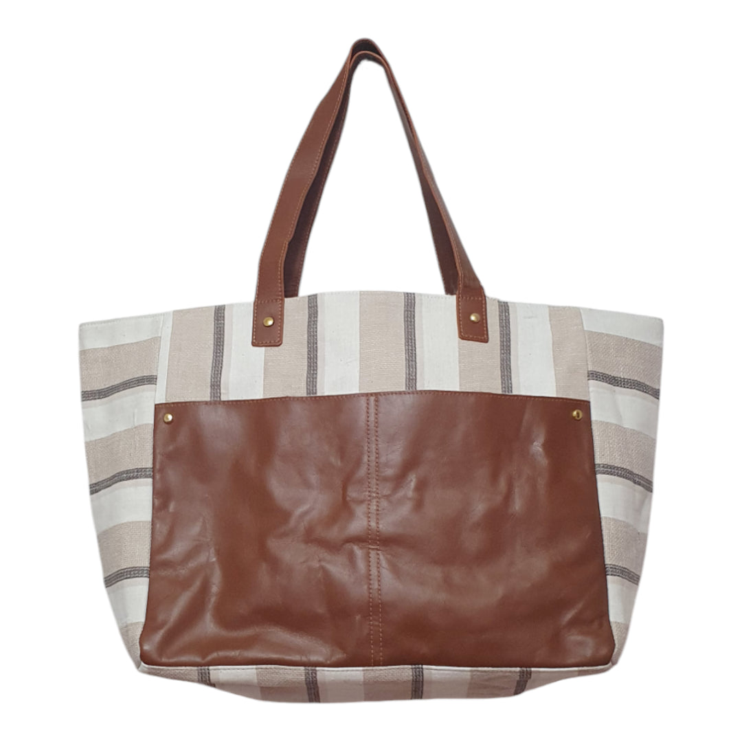 Striped Canvas Tote Bag with Faux Leather Pocket