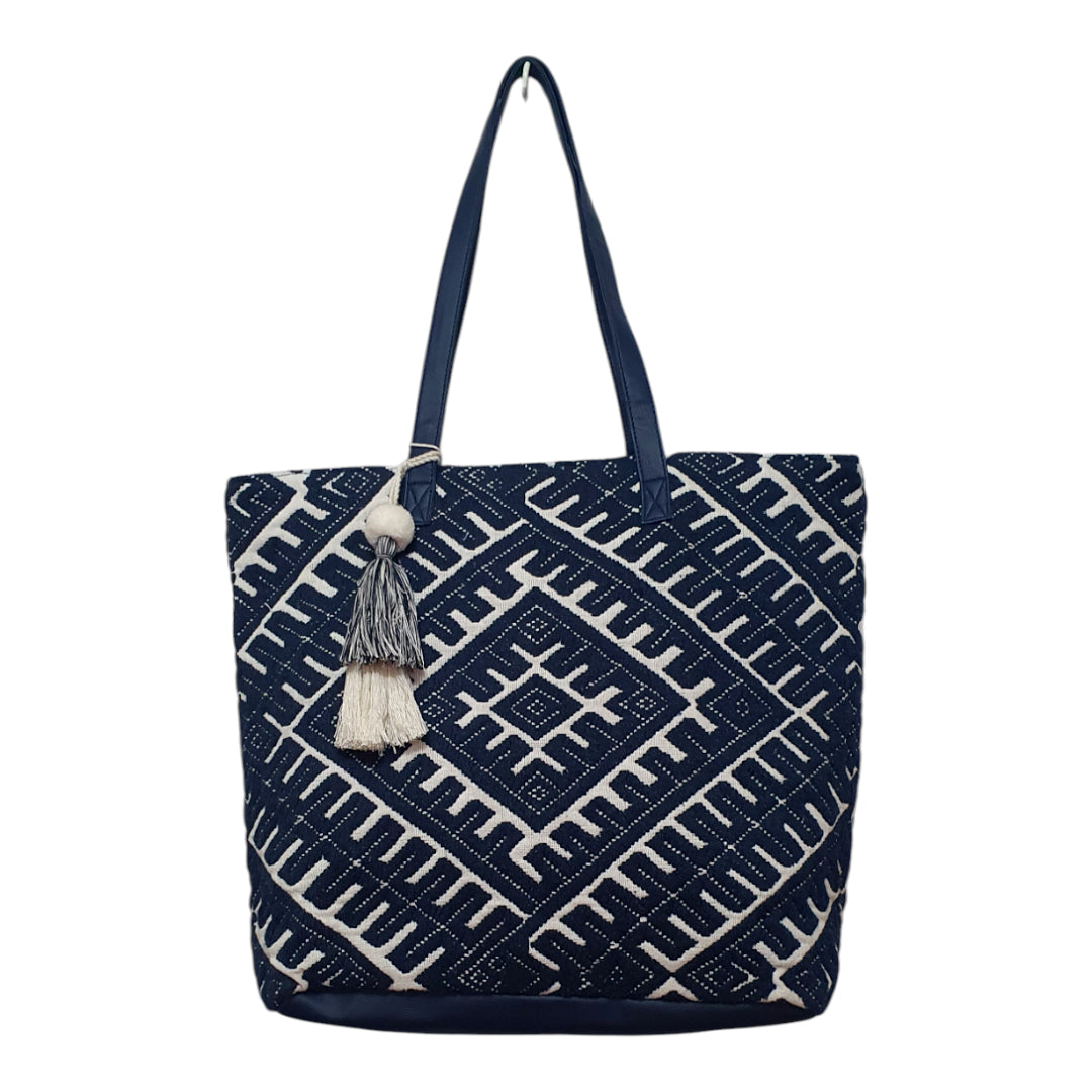 Boho Chic Canvas Tote Bag with Geometric Print and Tassel Charm