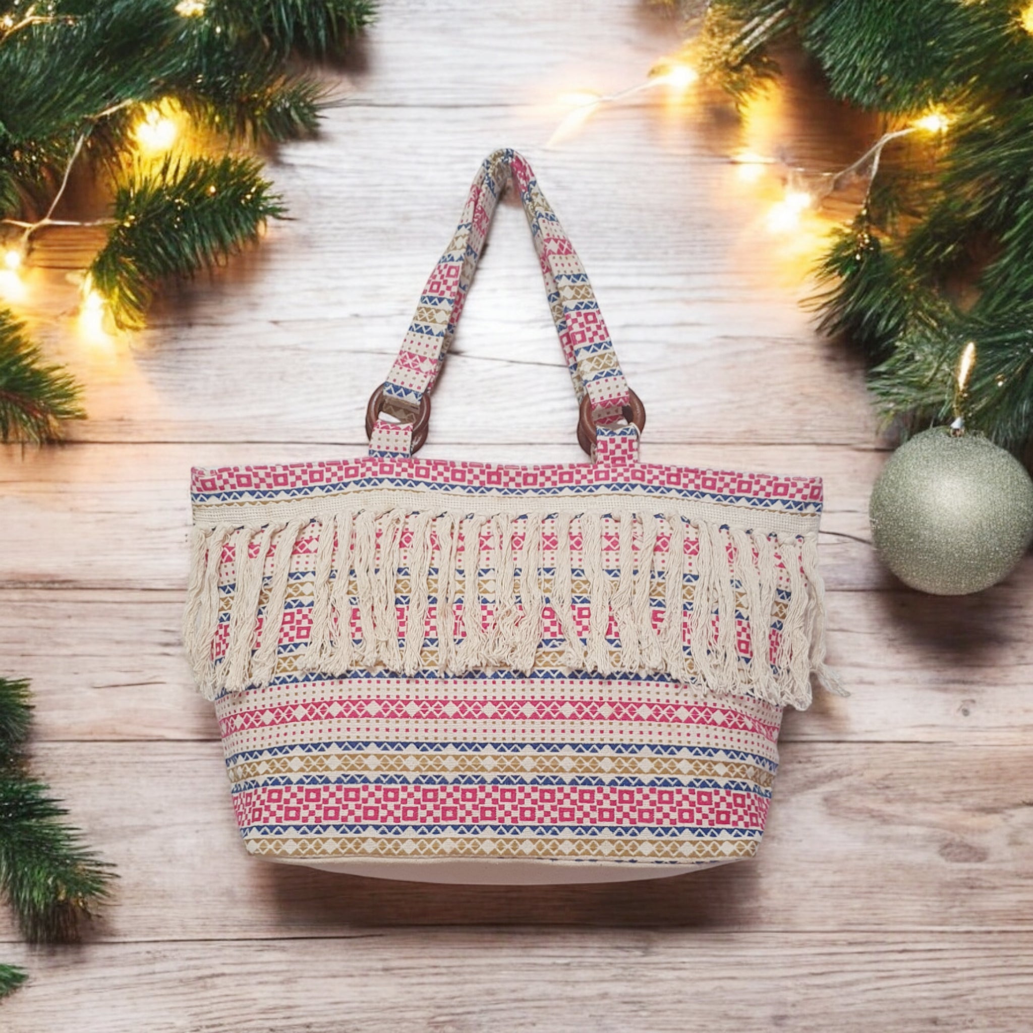 Eco-Friendly Cotton Jacquard Fringe Tote Bag with Wooden Rings