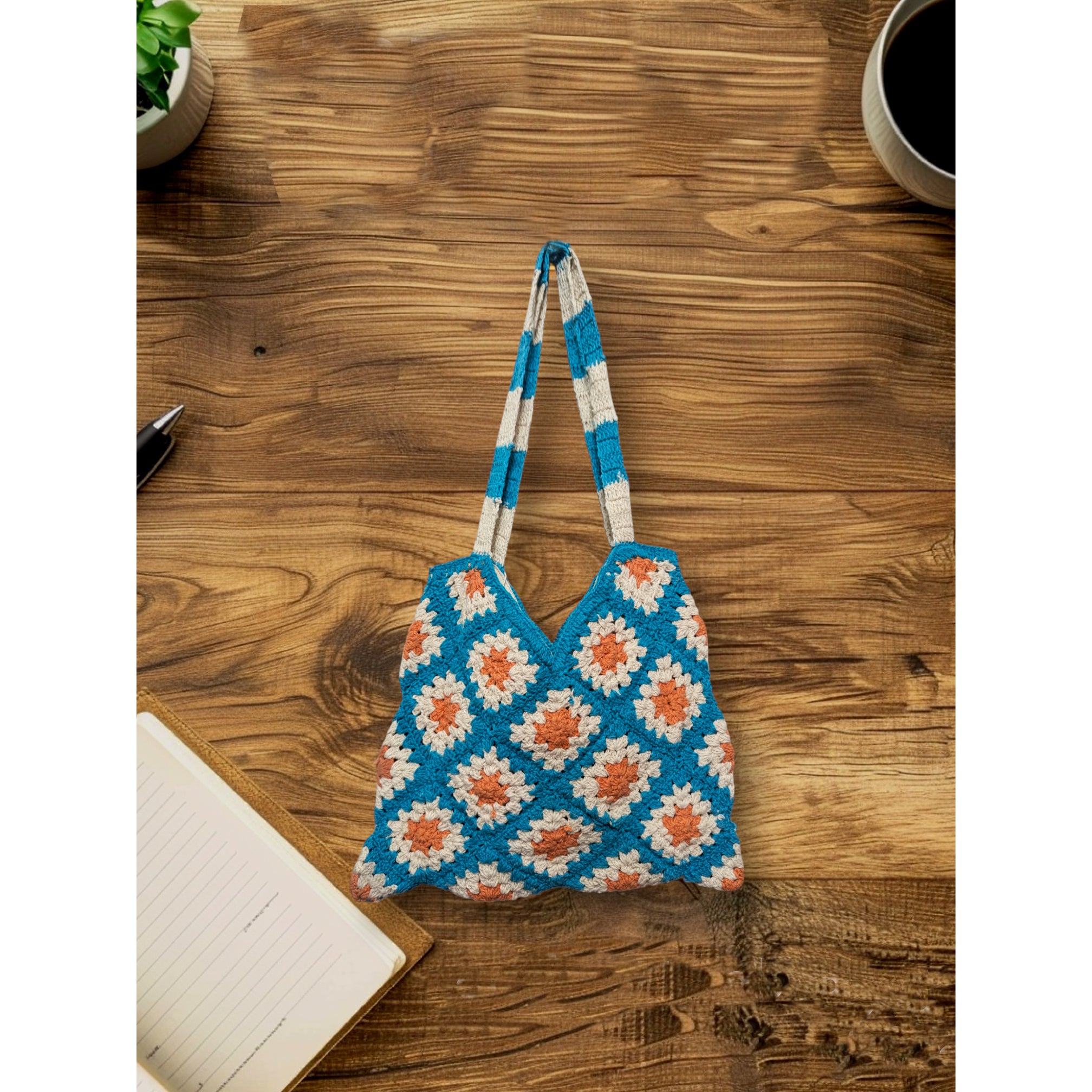 Crochet Blue and Orange Pattern Shoulder Bag