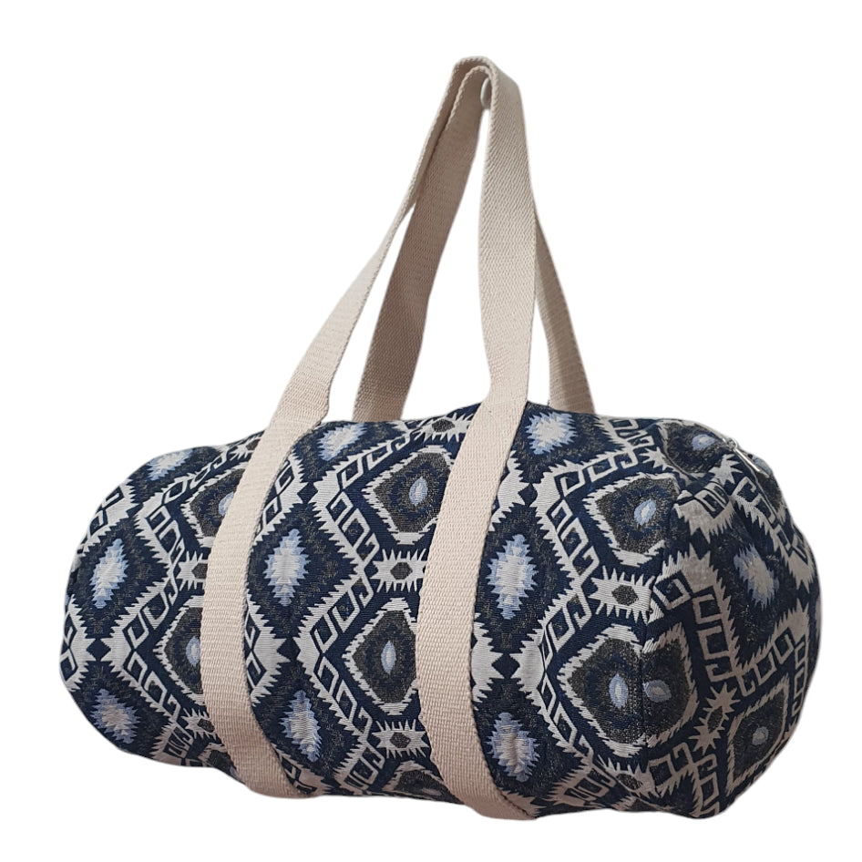 Boho Tribal Print Canvas Duffle Bag, Ethnic Pattern Travel, Gym & Weekend Bag with Beige Handles