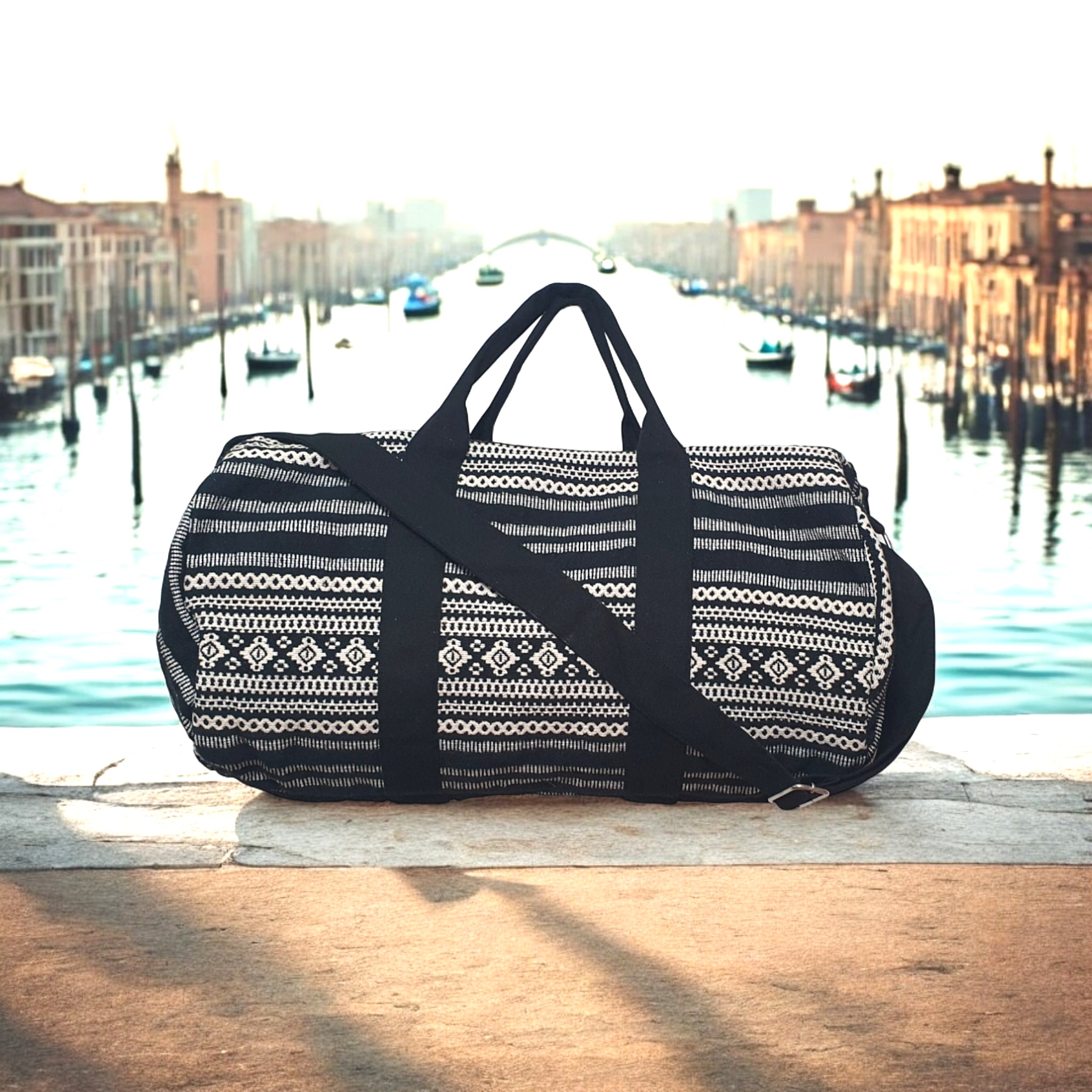 Boho Patterned Canvas Duffel Bag with Shoulder Strap