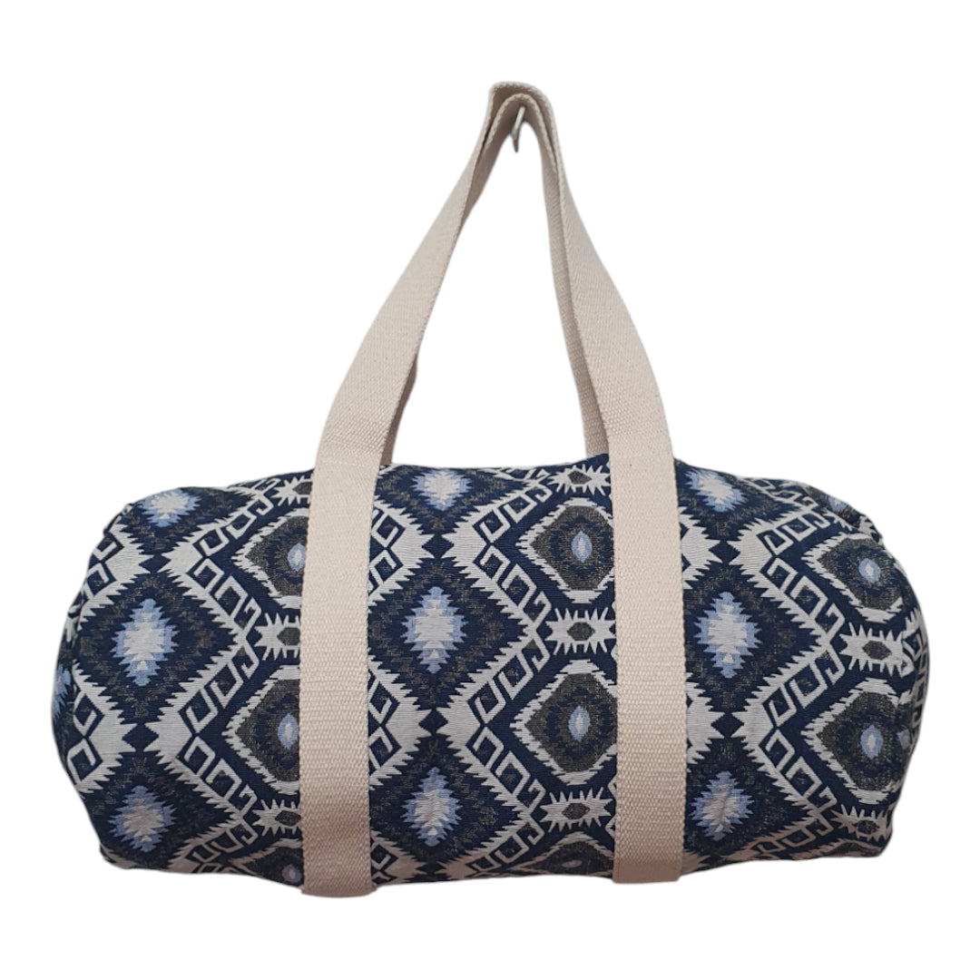 Boho Tribal Print Canvas Duffle Bag, Ethnic Pattern Travel, Gym & Weekend Bag with Beige Handles