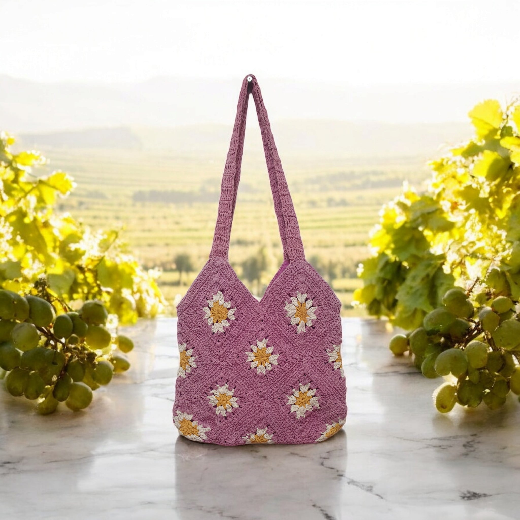 Handmade Pink Crochet Tote Bag with Floral Granny Squares - Boho Shoulder Bag for Women