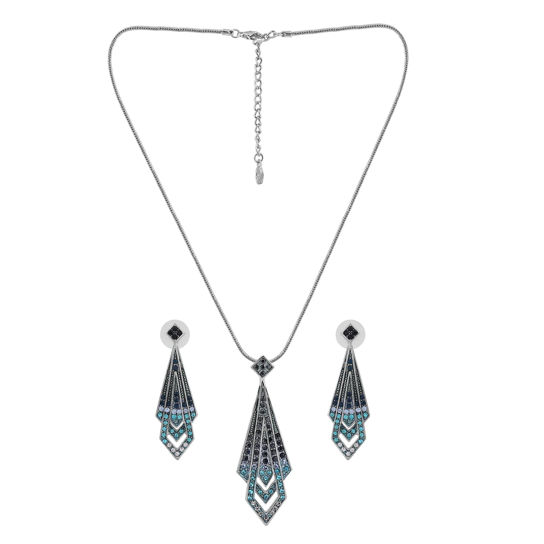 Rhodium Plated Blue Art Deco Necklace and Earrings Set 