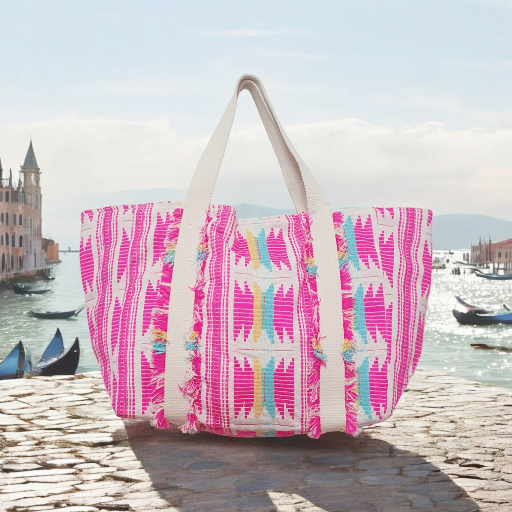Neon Pink Jacquard Tote Bag with Fringed Details