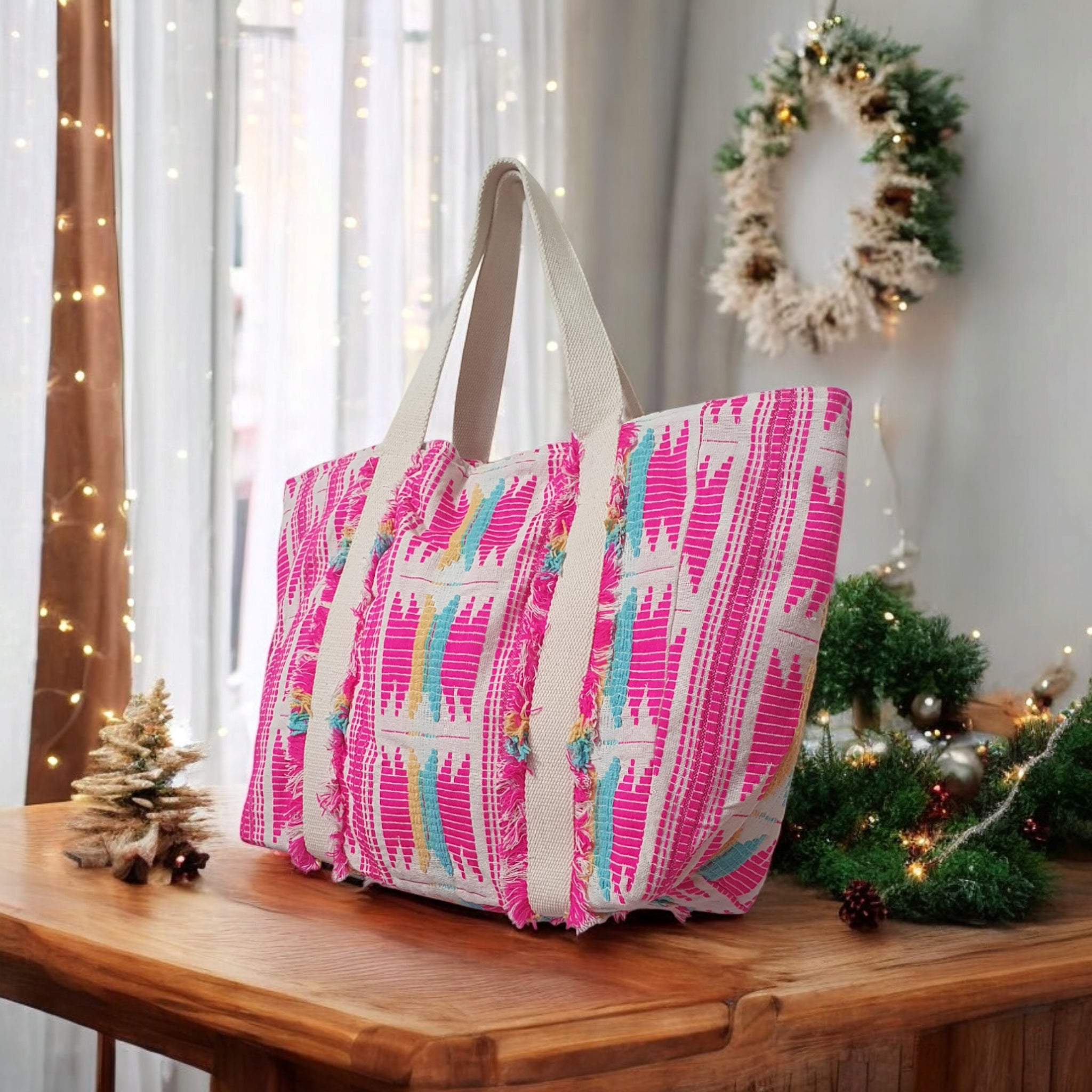 Neon Pink Jacquard Tote Bag with Fringed Details