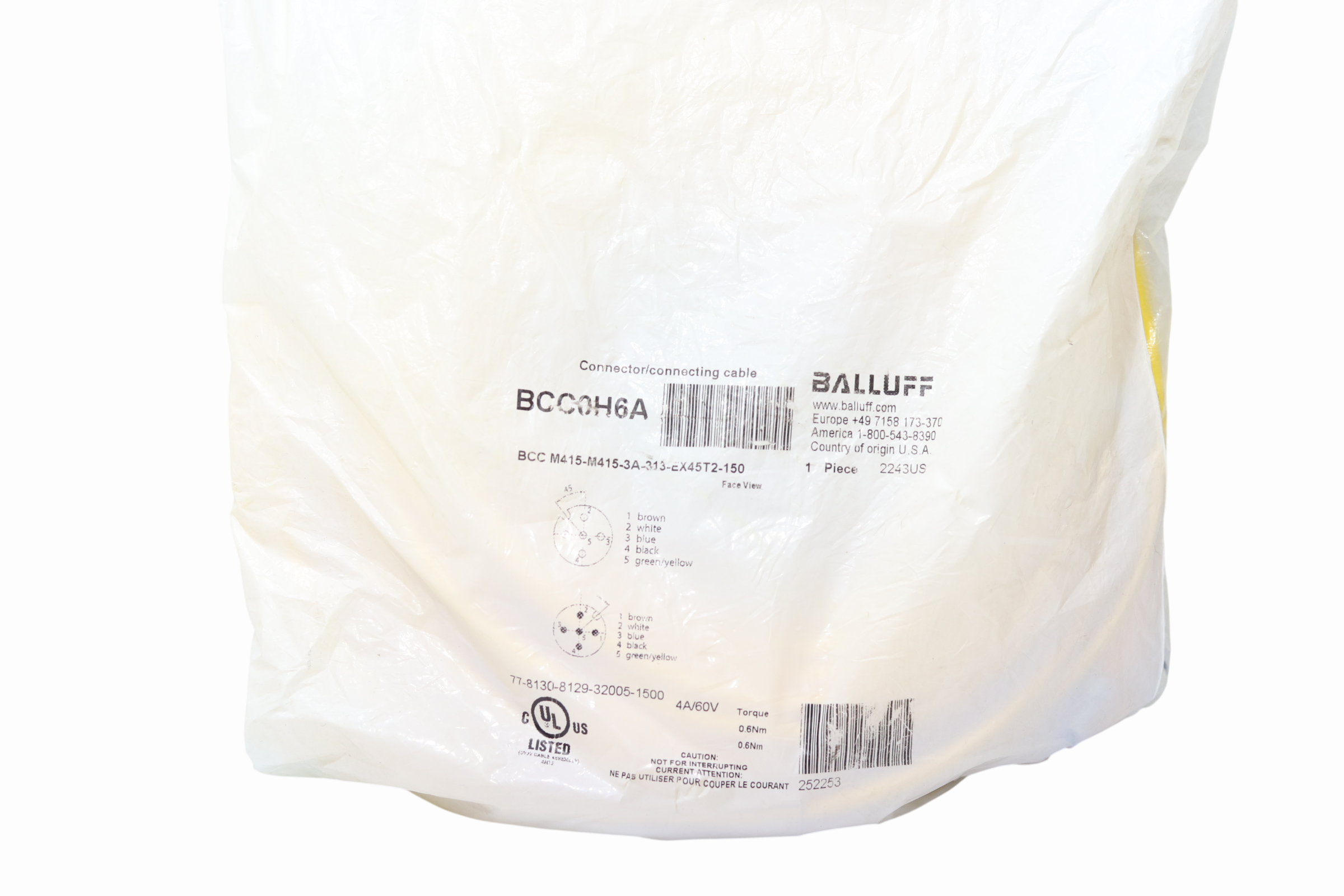 Cable Balluff Bcc0h6a Entrada M12, Amarillo, 15mts