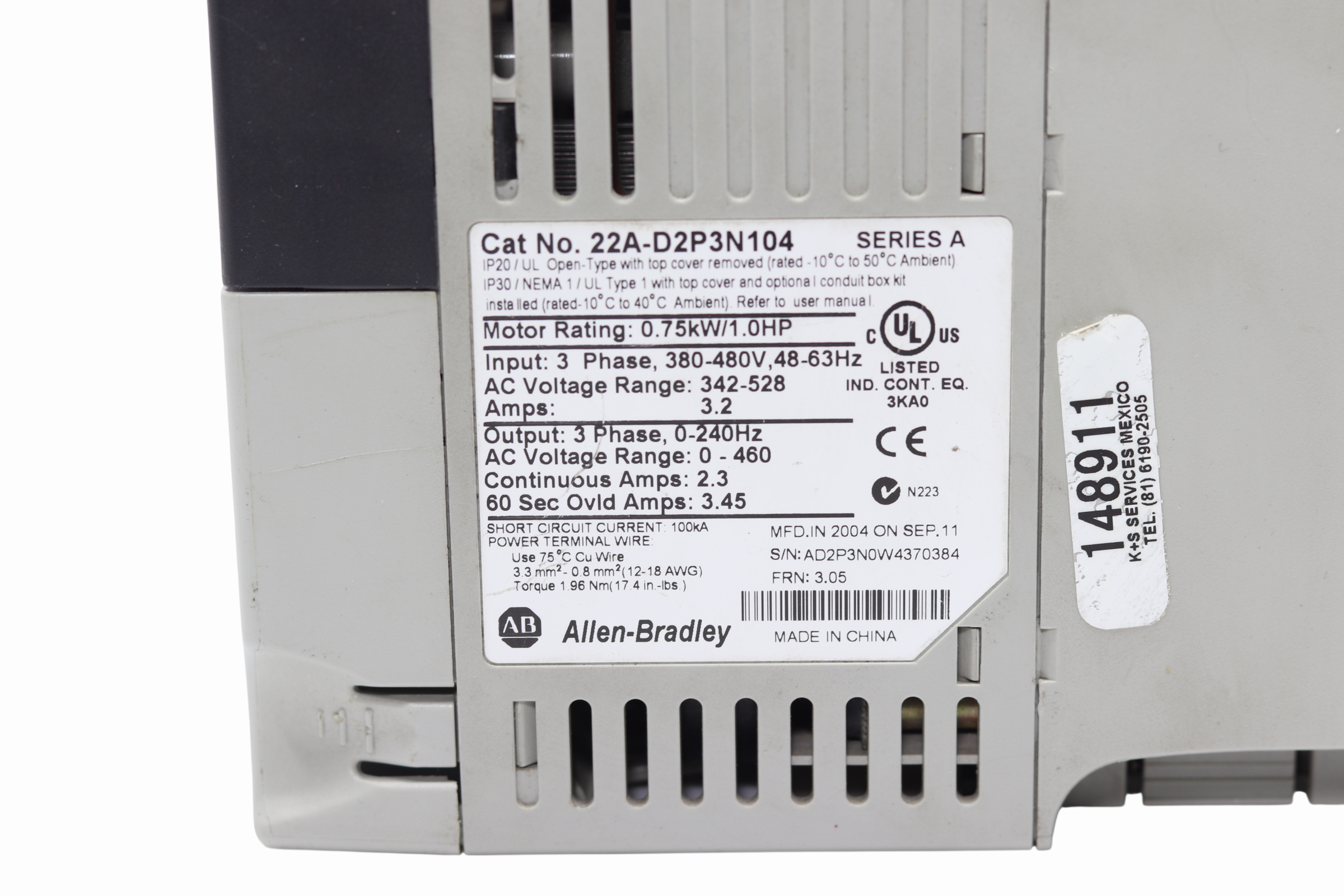 Variador de Voltaje 22a-d2p3n104 Powerflex 4 480v 1hp Ser. A Allen-bradley (Usado)