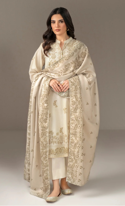 3 Piece Classic Printed Khaddar Suit with Shawl (Unstitched)