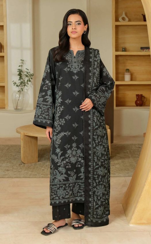 3 Piece Monochrome Floral Khaddar Suit (Unstitched)