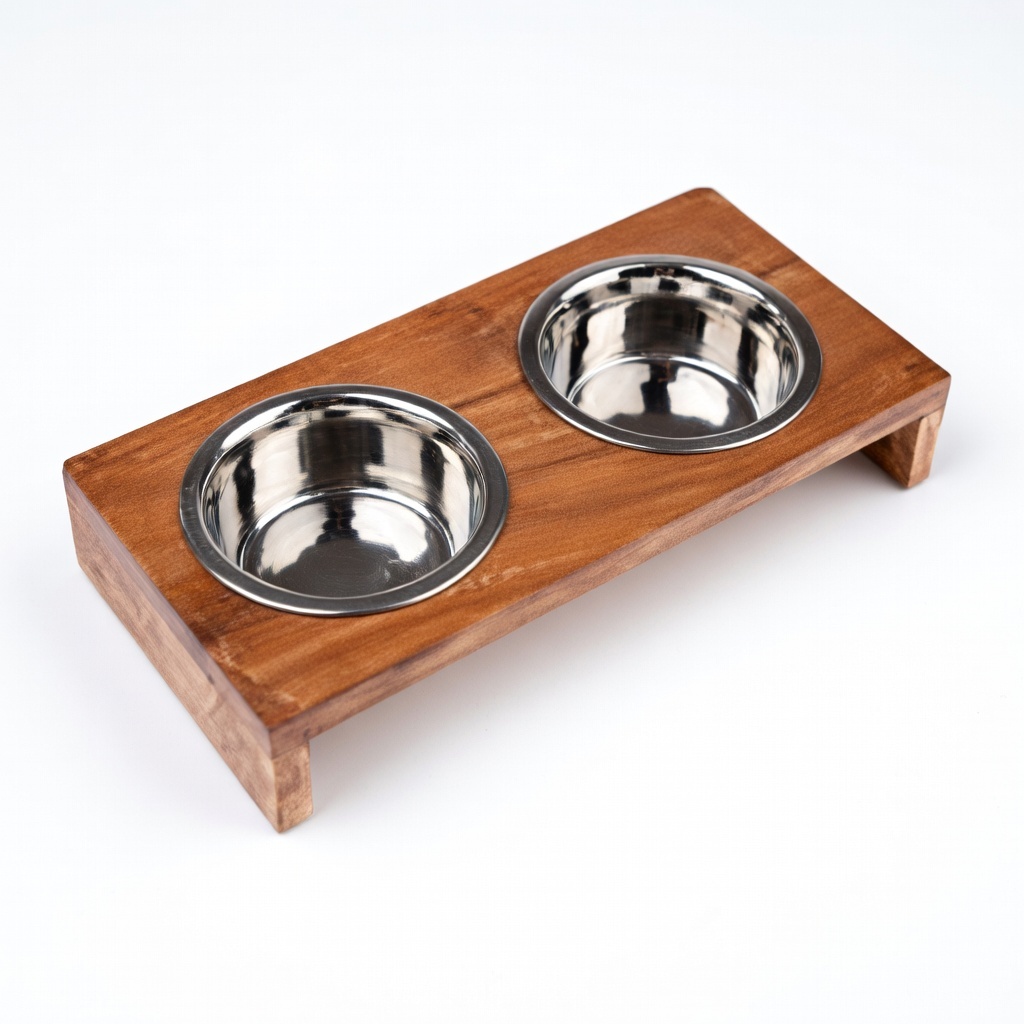 Comedero doble de madera para mascotas