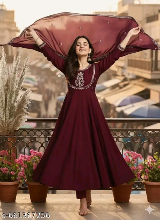 Women's Silk Anarkali & Pant with Dupatta Set